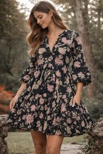 Anthropologie Sun Dried Laundry Floral Boho Dress Cotton India Black Pink M