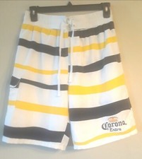 Corona Extra Swim Trunks Mens Large White Blue Yellow Mesh Lining Drawstring