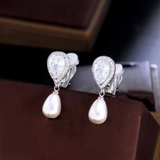 Non Pierced Clip On Pearl Dangle Earrings Silver Plated Zirconia Wedding Jewelry
