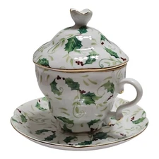 Nantucket Home Porcelain Covered Teacup and Saucer with Lid Holly and Berries