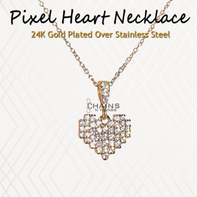 Pixel Heart Necklace Love Charm 16/18 inch chain 24K Gold Plated Women Girls Her