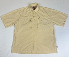 Simms Mens Fishing Casual Shirt yellow Check Plaid Short Sleeve pockets Size L