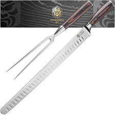Kessaku 14" Slicing Carving Knife & Meat Fork Set - Samurai Series Serrated Edge