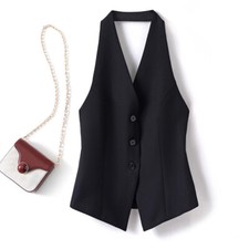Veste Sans Manches Pour Femme Fille Gilet Débardeur Veste Rétro Noir Décontracté