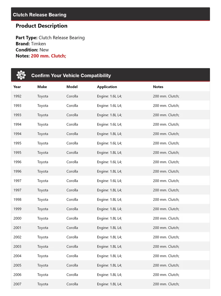 Cojinete de liberación de embrague Timken 1993 1994 1995 1996 para Toyota Corolla 1992-2007 Foto 2 de 4