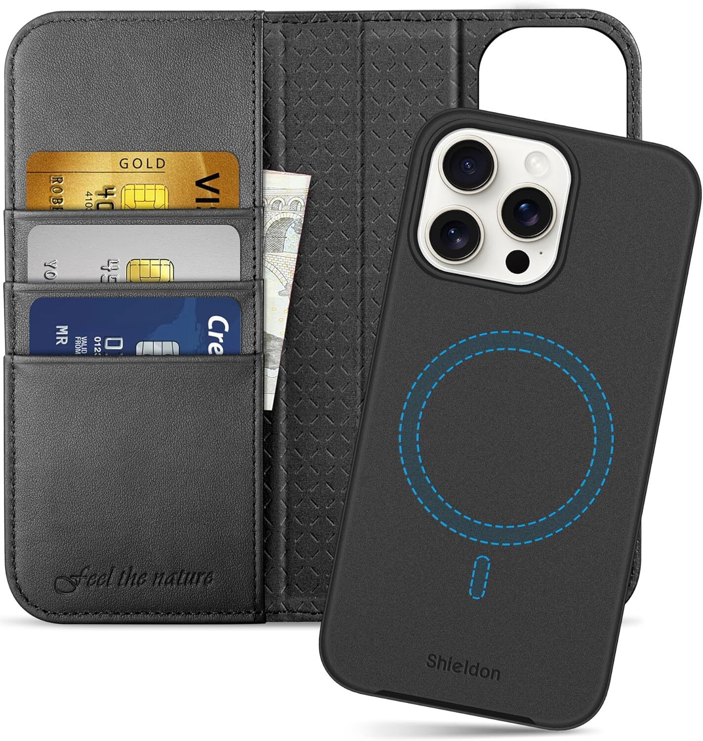 SHIELDON Genuine Leather Detachable Case for iPhone 15 Pro Max Black