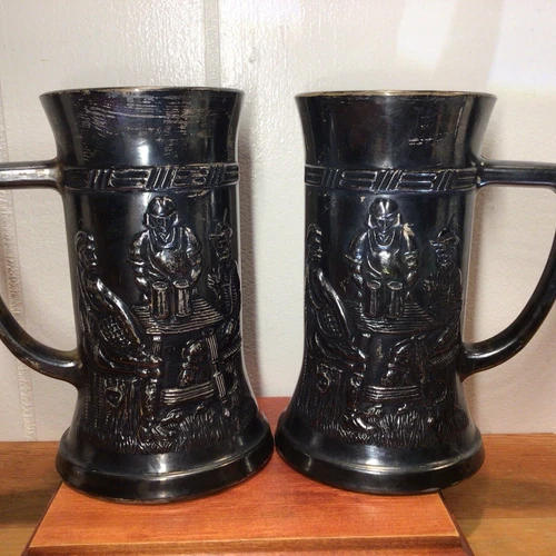 Tiara, Milk Glass, Amethyst Black Stein / Mug ,Tavern Scene,  Set of 2, 6” H.,