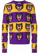 New Auth GUCCI ANGRY CAT MOTIF 100 WOOL JACQUARD KNIT Pullover Sweater L