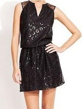 QMack Women's Misses Lace Drop Waist Dress Black Sequin Sleeveless $149