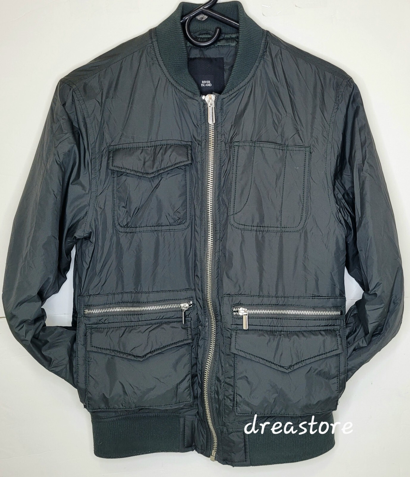 River Island Mens Bomber Jacket Multi Pockets Olive G… Gem