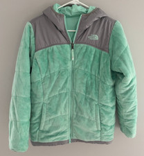 The North Face Jacket Girls XL 18 Green / Gray Fuzzy Full Zip Reversible coat