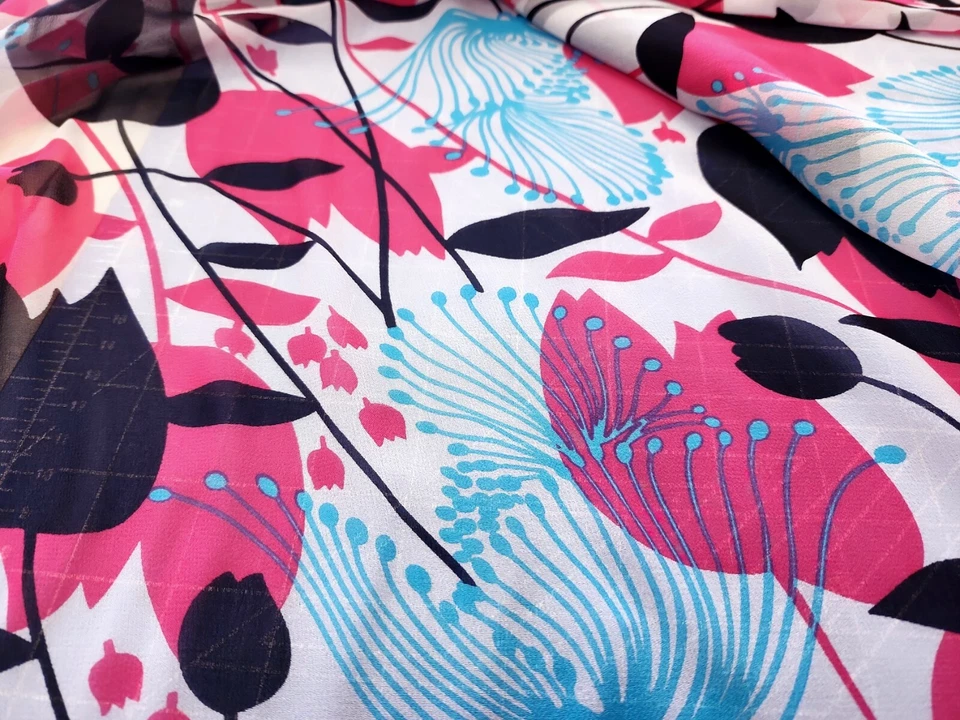 Silk Chiffon Tulip Flowers Print Pink Abstract Lightweight Japanese By the Yard - Image 4 of 4