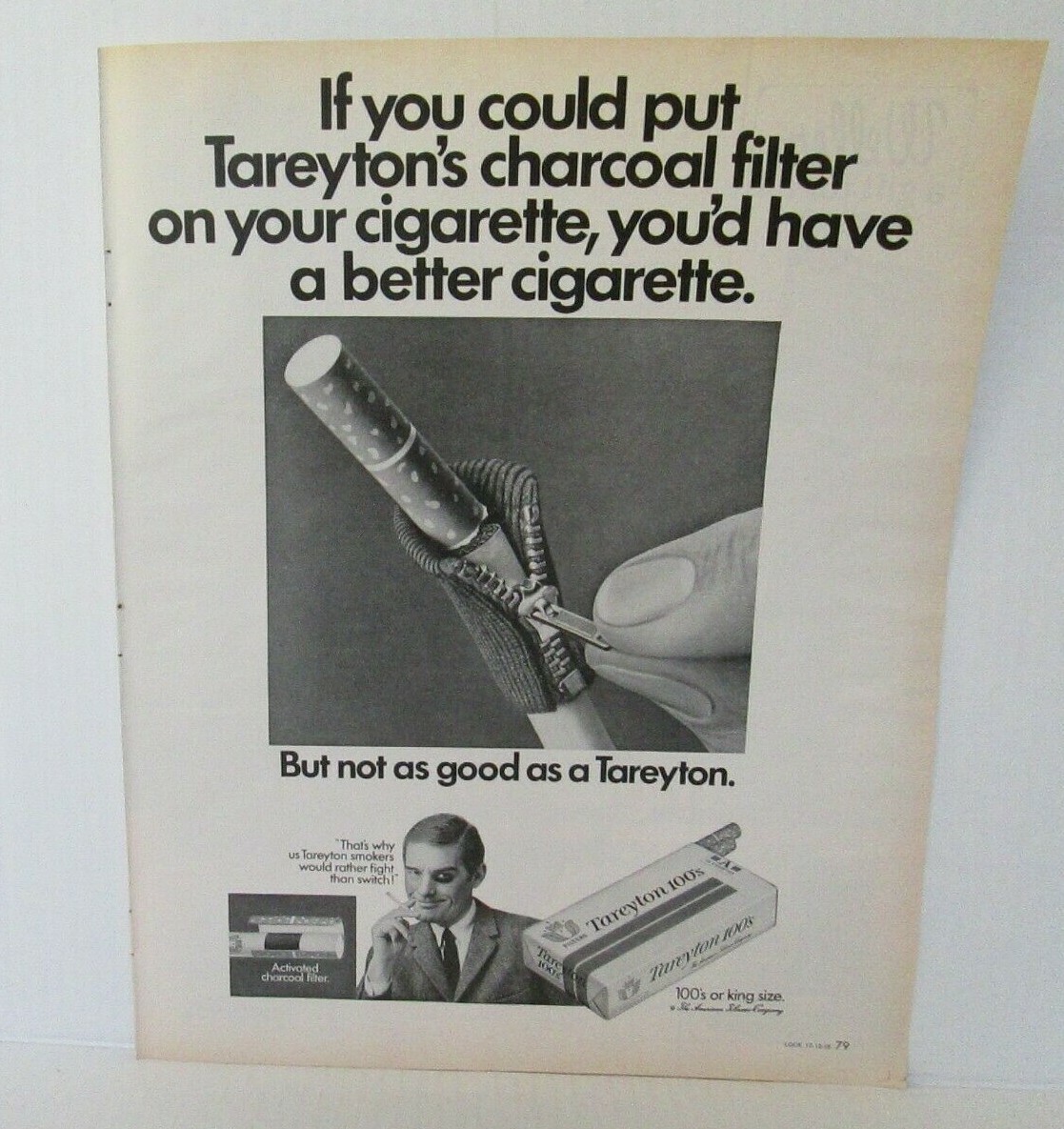 Tareyton 100's Cigarettes "The Activated Charcoal Filter" Vintage Print Ad 1968 Australia