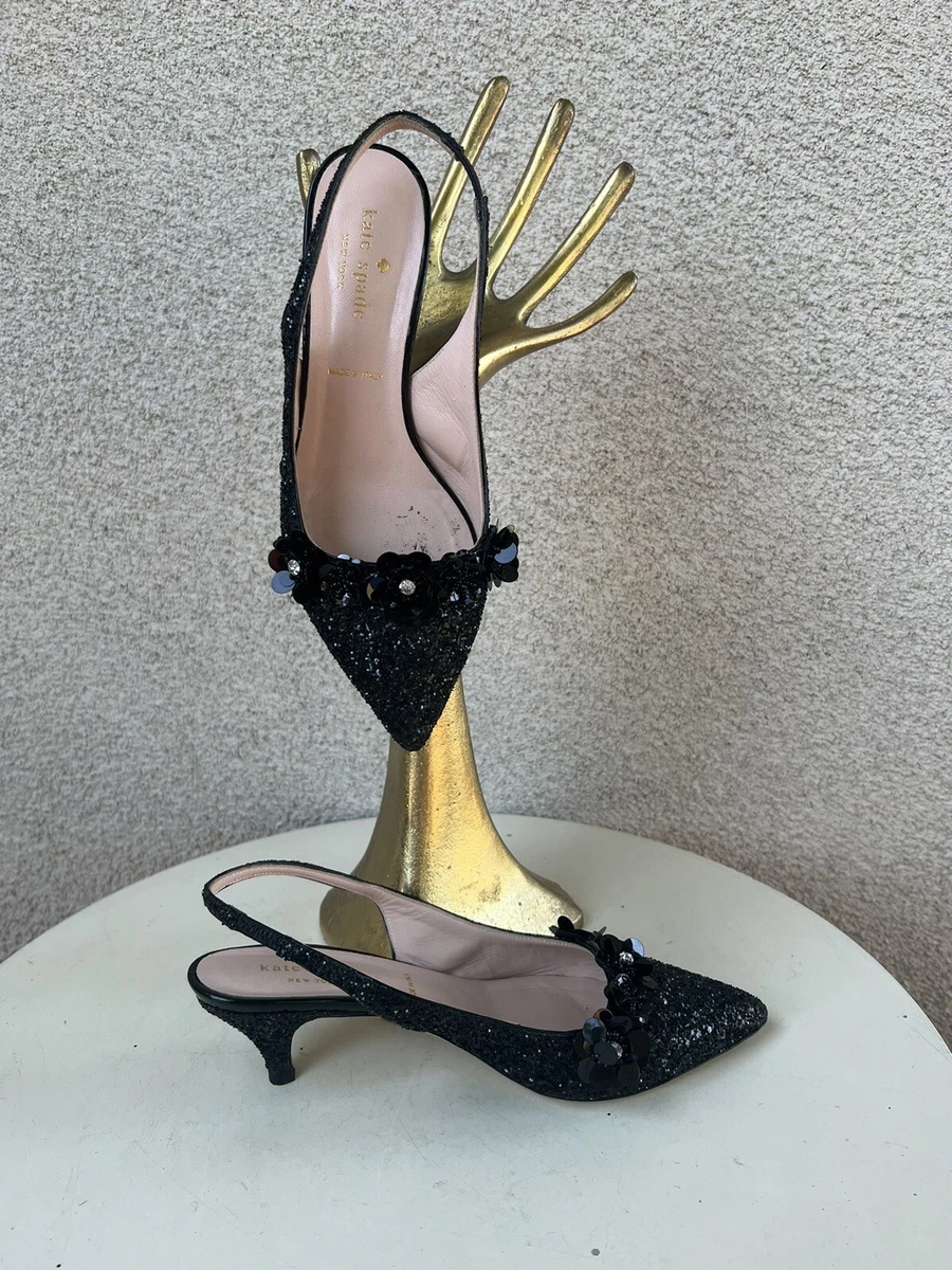 Kate Spade Kitten Heel Sling back shoes Black Glitter Sz 6 M eBay