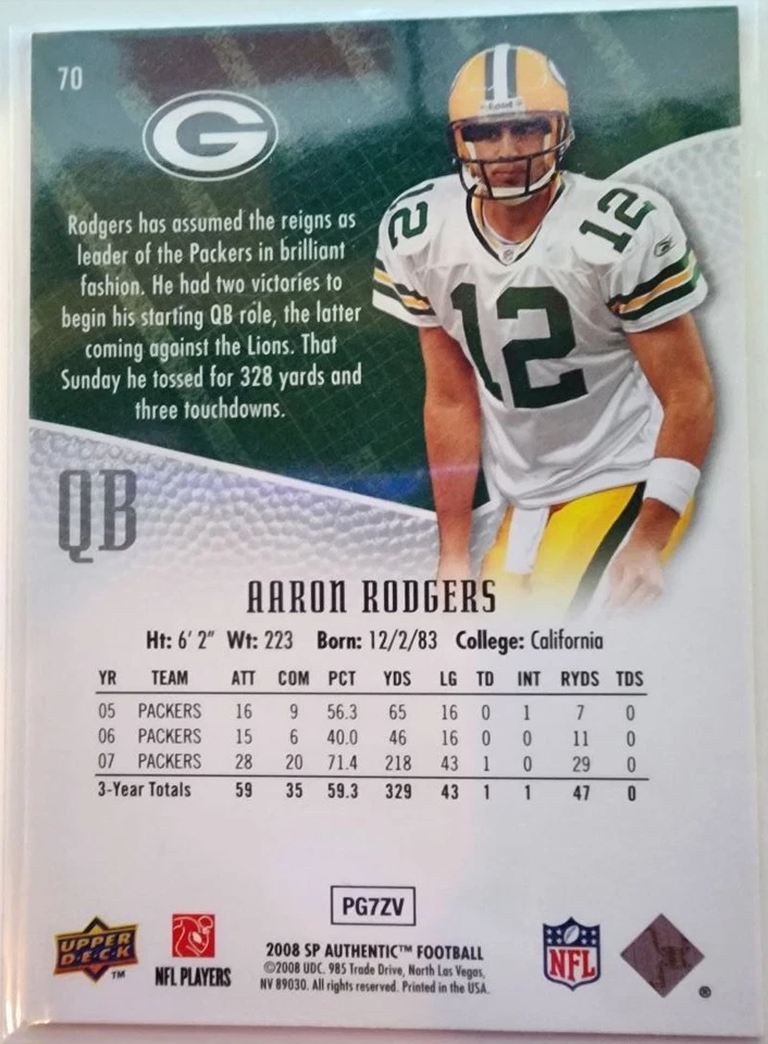 2008 SP Authentic Aaron Rodgers Green Bay Packers #70 - Image 2 of 2