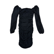 Womens Ruched Bodycon Dress Small Black Sheer Sleeve Off the Shoulder Back Zip
