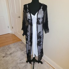 Black Sheer Embroidered Lace Kimono Duster Floral Mesh Open Goth Dark Fairy
