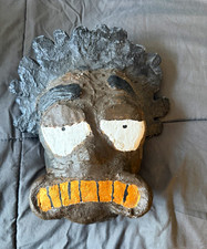 Hand-Carved African Wooden Face Mask Wall Hanging, Painted Brown White Orange