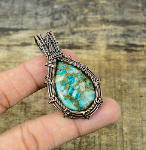 Blue Copper Turquoise Gemstone Pendant Handmade Copper Wire Wrapped Jewelry
