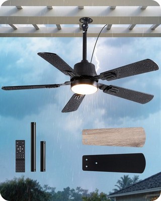 EDISHINE 42'' Outdoor Ceiling Fan with Light, 4800 CFM, 3CCT, 5 Wood Blade, Black