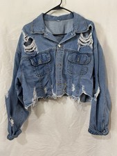 Cropped Distressed Medium Wash Denim Jacket Women s Large
