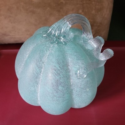 XL 8   Aqua Frosted Blown Art Glass Pumpkin Applied Stem Fall Halloween