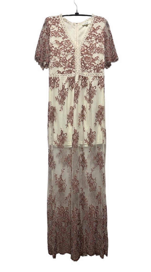 PEACH LOVE  Maxi Dress Lace Large Cream Boho Dusty Rose Embroidered Women's