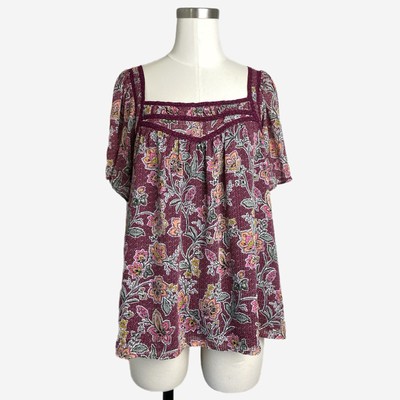 Loft Burgundy floral square neck blouse flowy boho cottagecore poetcore L