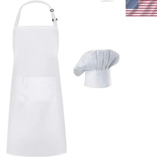Chef Apron Hat Set, Chef Hat and Adult Kitchen Pocket Adjustable Apron with B...