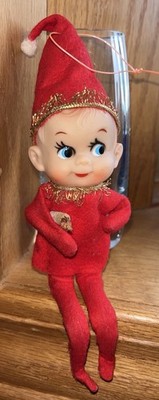 Pixie Elf Christmas Ornament knee bent doll Japan red  8'' 60s elves VTG