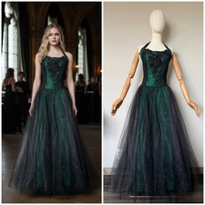 VTG 90s Loralie Metallic Green Black Tulle Whimsigoth Lace Steampunk Dress Sz 6
