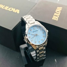 Bulova Classic Sutton 96P250 Blue Dial 28MM Quartz Ladies Watch with 11 Diamonds