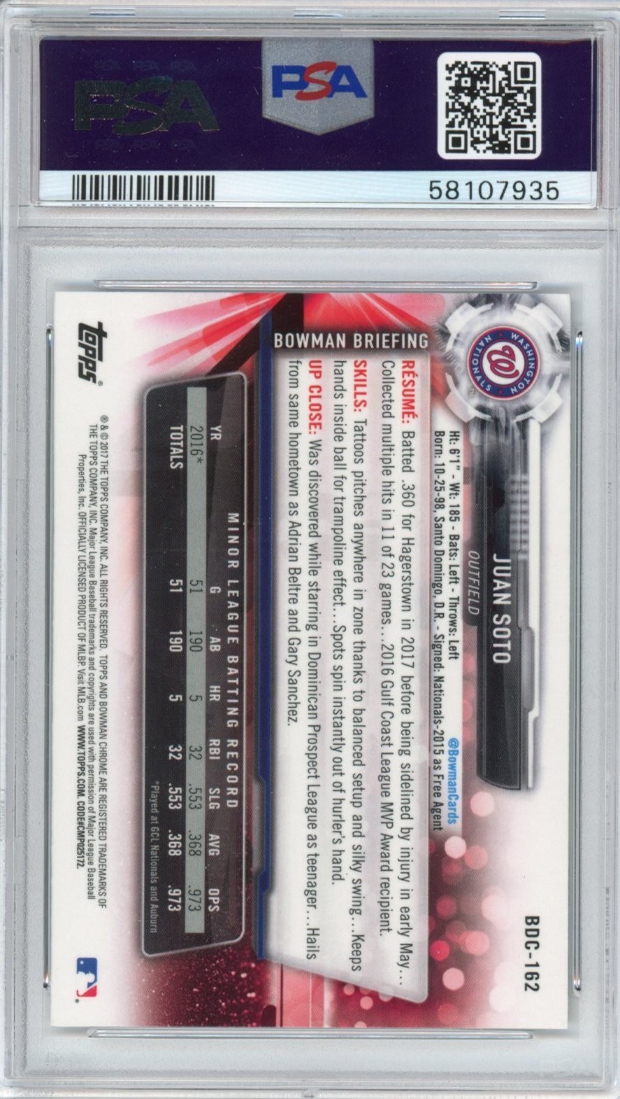 Graded 2017 Bowman Draft Chrome Juan Soto #BDC162 Rookie Card PSA 10 Mint view 2
