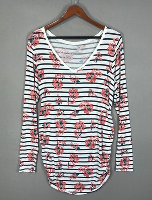 Motherhood Maternity Top Womens Large White Floral Striped V Neck Side Ruched LS