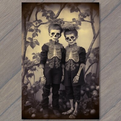 Art Print Weird Creepy Skeleton Twin Kids Unreal Halloween Unusual Strange