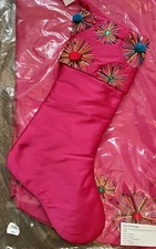 $135 Fuchsia Pink Pom Cuff Beaded Jeweled Christmas Stocking Neiman Marcus 19”