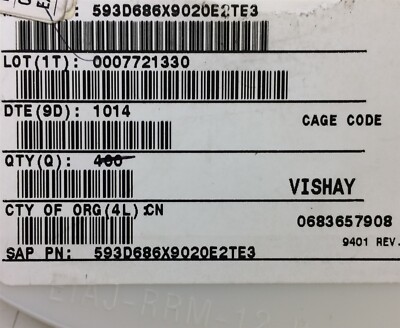 593D686X9020E2TE3 VISHAY 593D686X9020E2 CAP TANT 68UF 10% 20V 2917 SMD 20 PIECES