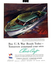 Pubblicità a colori vintage CHRIS CRAFT CORP 1943 + OLIO CONCHIGLIA aerei militari statunitensi I.B.M.