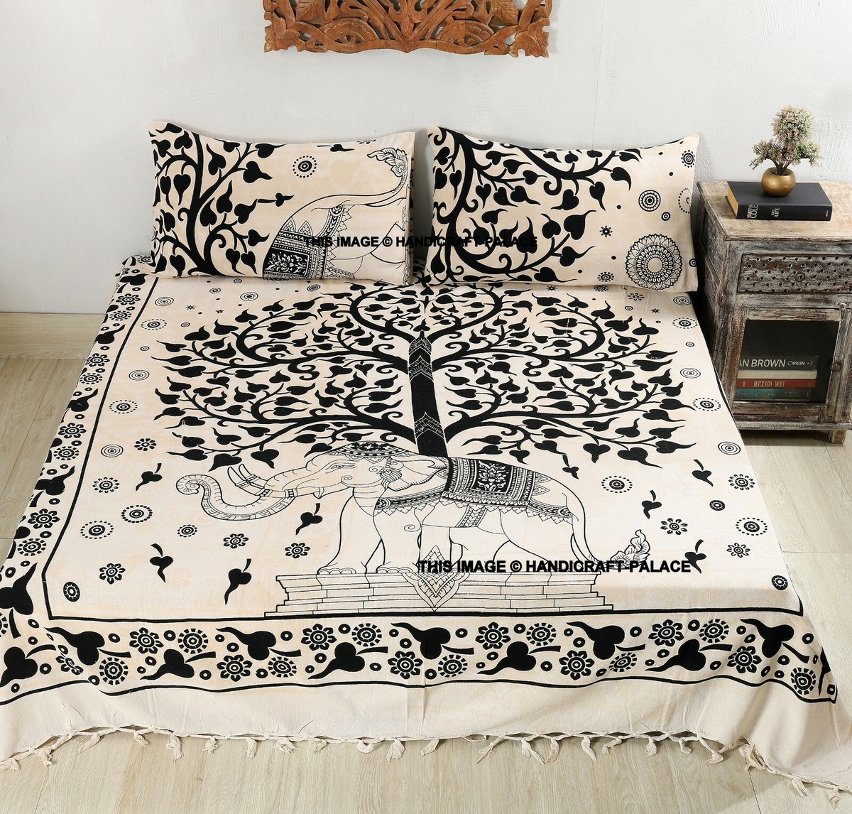 Bedsheet Pillow Case Cotton Elephant Tree Print Bedspread Home