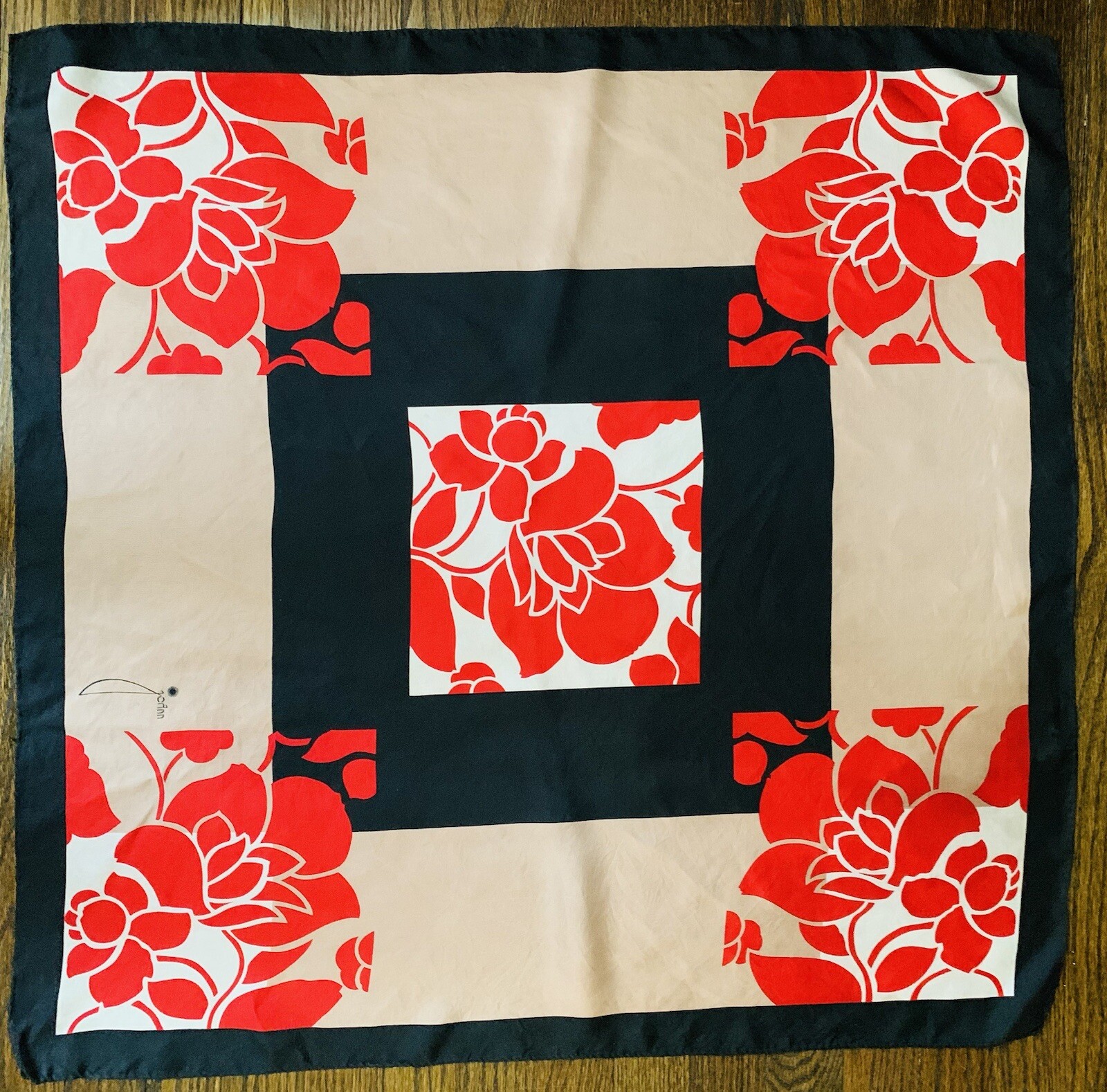 RARE Vintage JoAnn Wild Silk Scarf Red Floral Design Hand Rolled 30x30” Japan