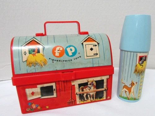 Vintage 1962 Fisher Price Mini Toy Farm Barn Lunch Box Kit & Silo Thermos 549