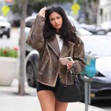 Women 1980s Oversized Biker Distressed Brown Real Leather Jacket Vintage Coat