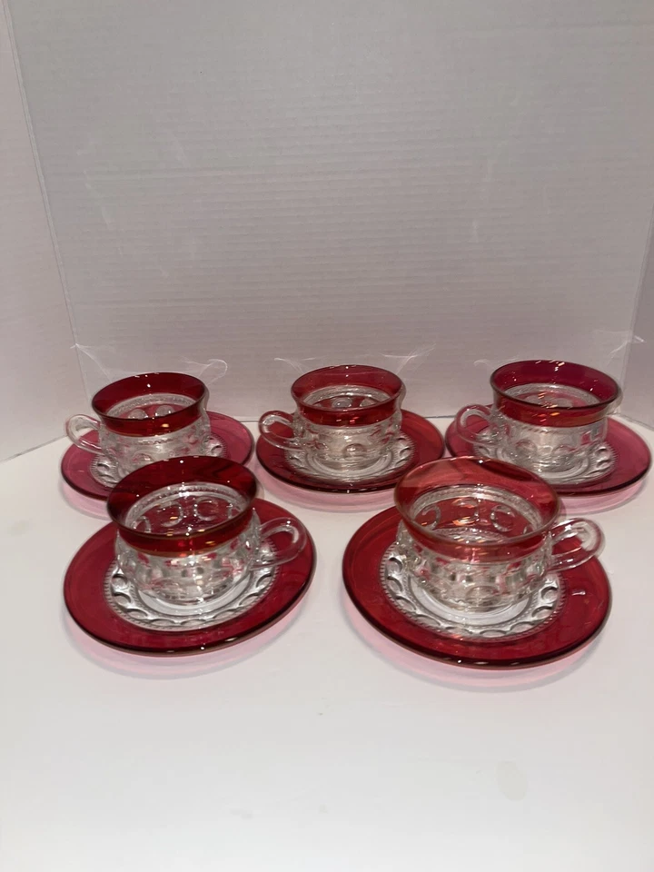 5 Vintage Tiffin KINGS CROWN Ruby Red Thumbprint Cup & Saucer’s Mint! - Image 4 of 4