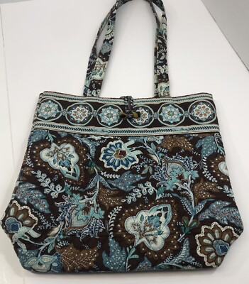 Vera Bradley Java Blue Brown Shoulder Tote Purse Toggle Closure