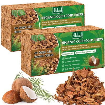 2 Pcs Coconut Coir Chips for Plants - 2.2 LB 100% Organic Coco Husk Chip Bric...