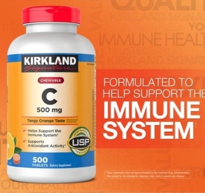 Kirkland Signature Chewable Vitamin C 500mg 500 Tablets Tangy Orange Gluten-Free