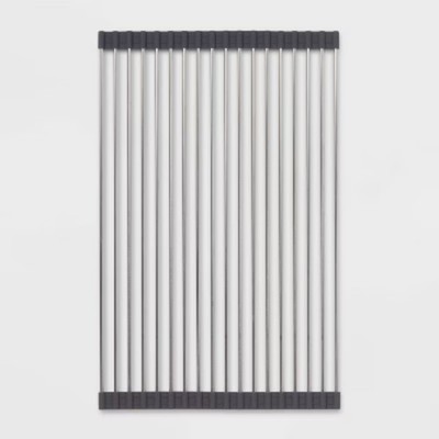 Over the Sink (Roll Away) Dish Drainer Silver : Stainless Steel Drying Rack Mat