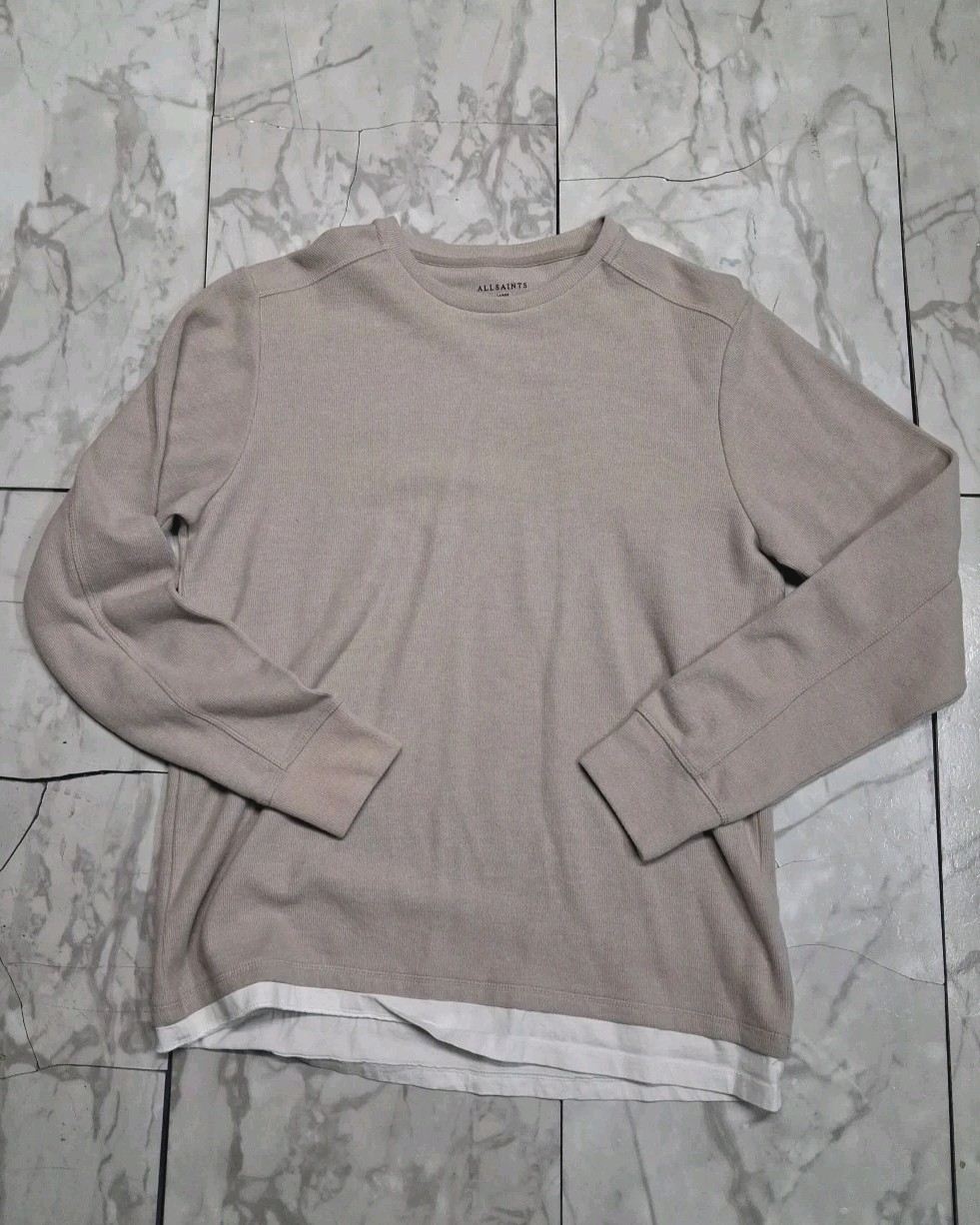 AllSaints Longline Fit Shirt Mens Large Brown Clash LS Crew Waffle Knit Thermal