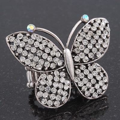 Cocktail-Stretch-Ring ''Flutter-By'' mit Diamanten besetzt Schmetterling - Rhodium