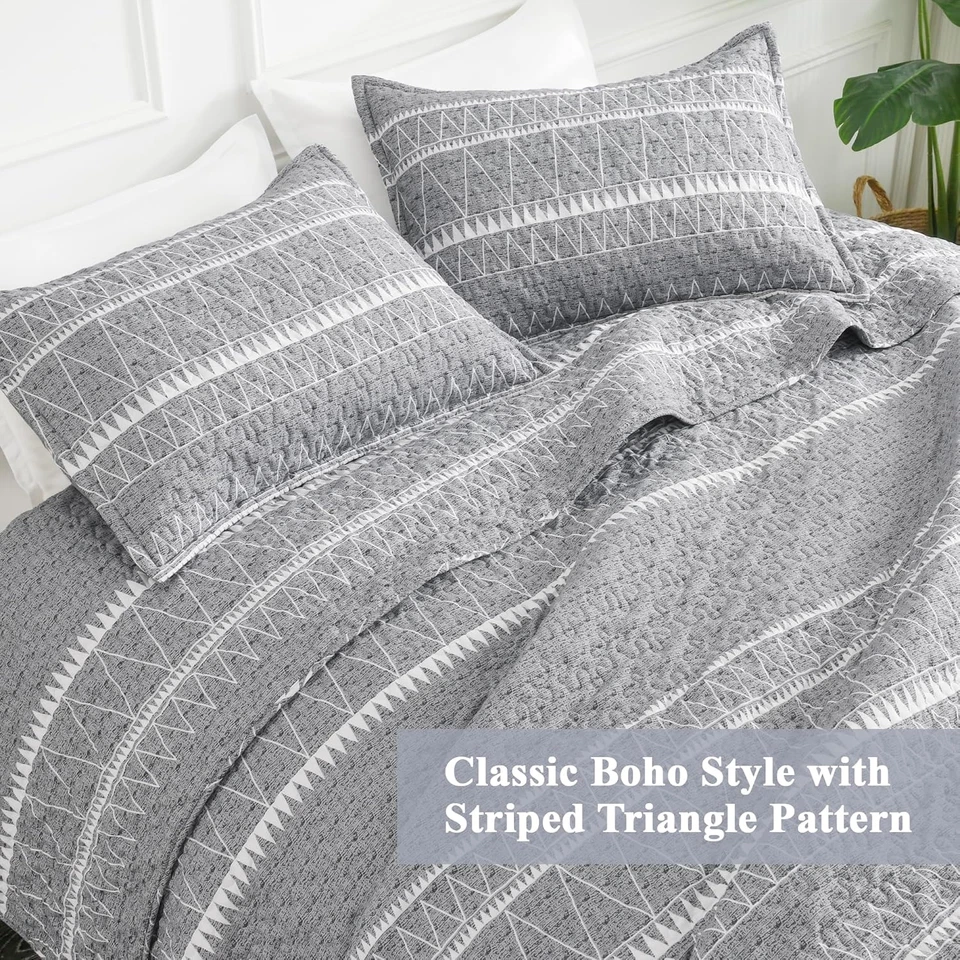 Juego de edredón tamaño king gris (106x96 pulgadas), 3 piezas (1 edredón estampado boho a rayas y Foto 4 de 4
